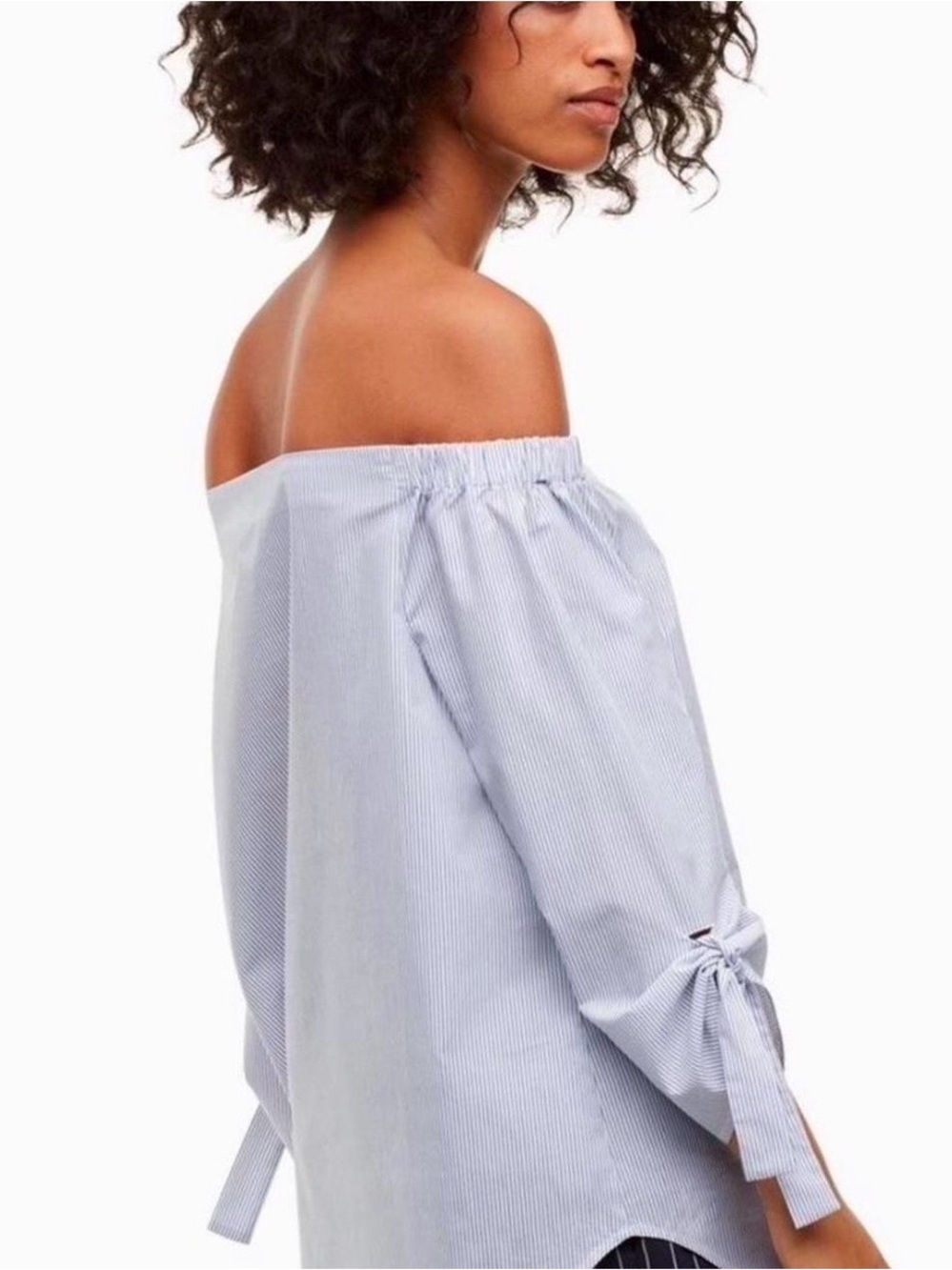Babaton Aritzia Malik off-the-shoulder blouse vertical blue stripes tie sleeves